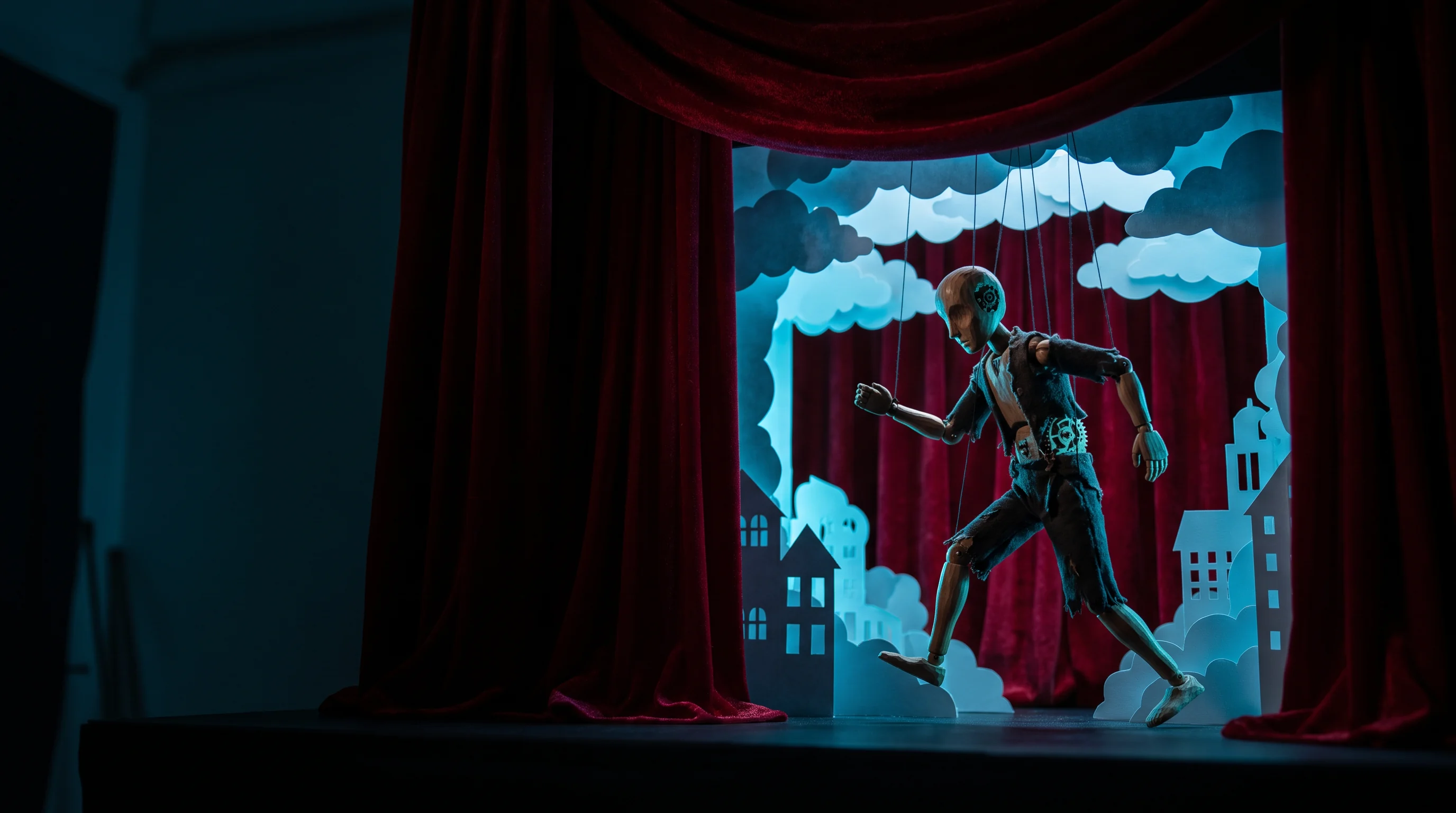 A performer framed by a richly lit miniature theatre scene