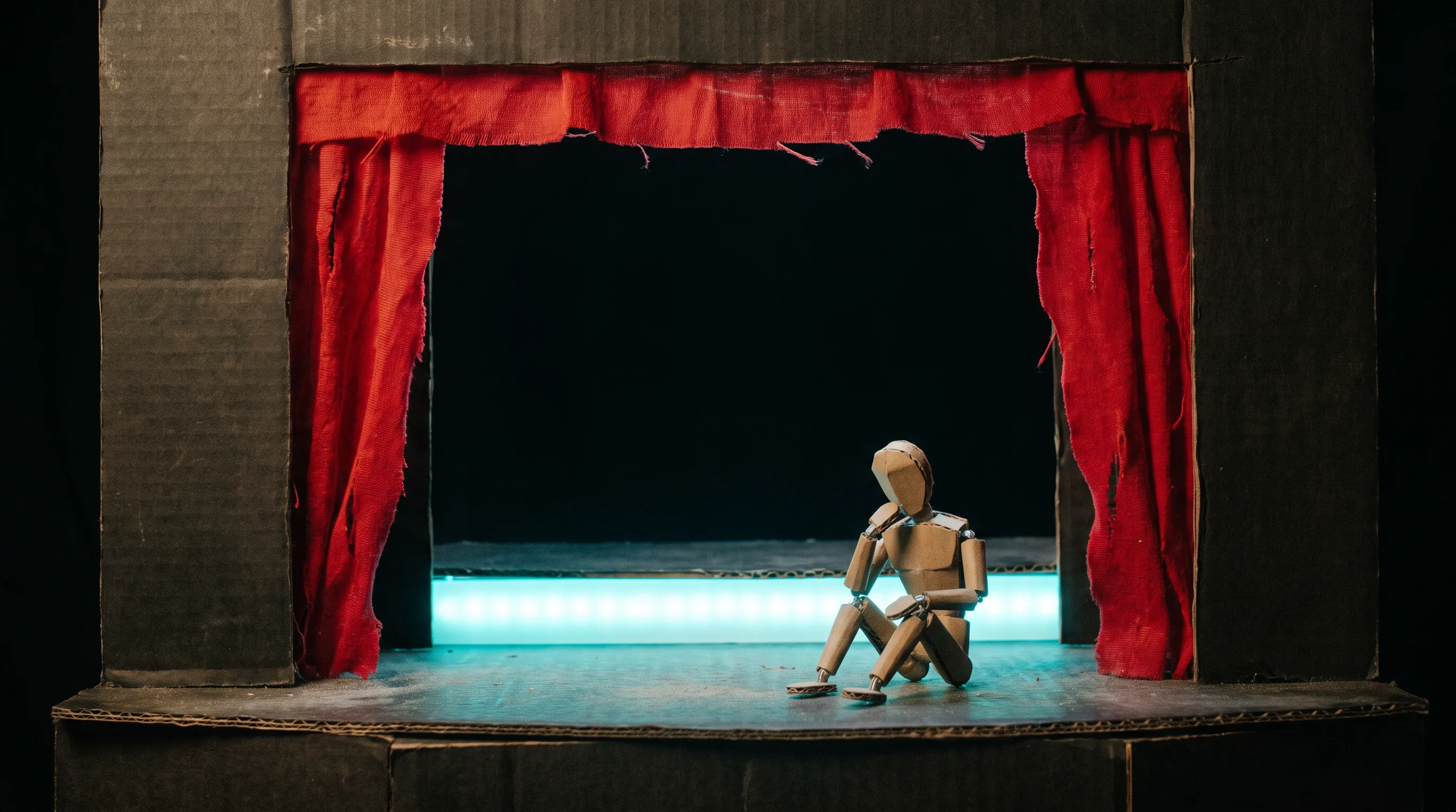 Small puppet sitting on an empty miniature stage