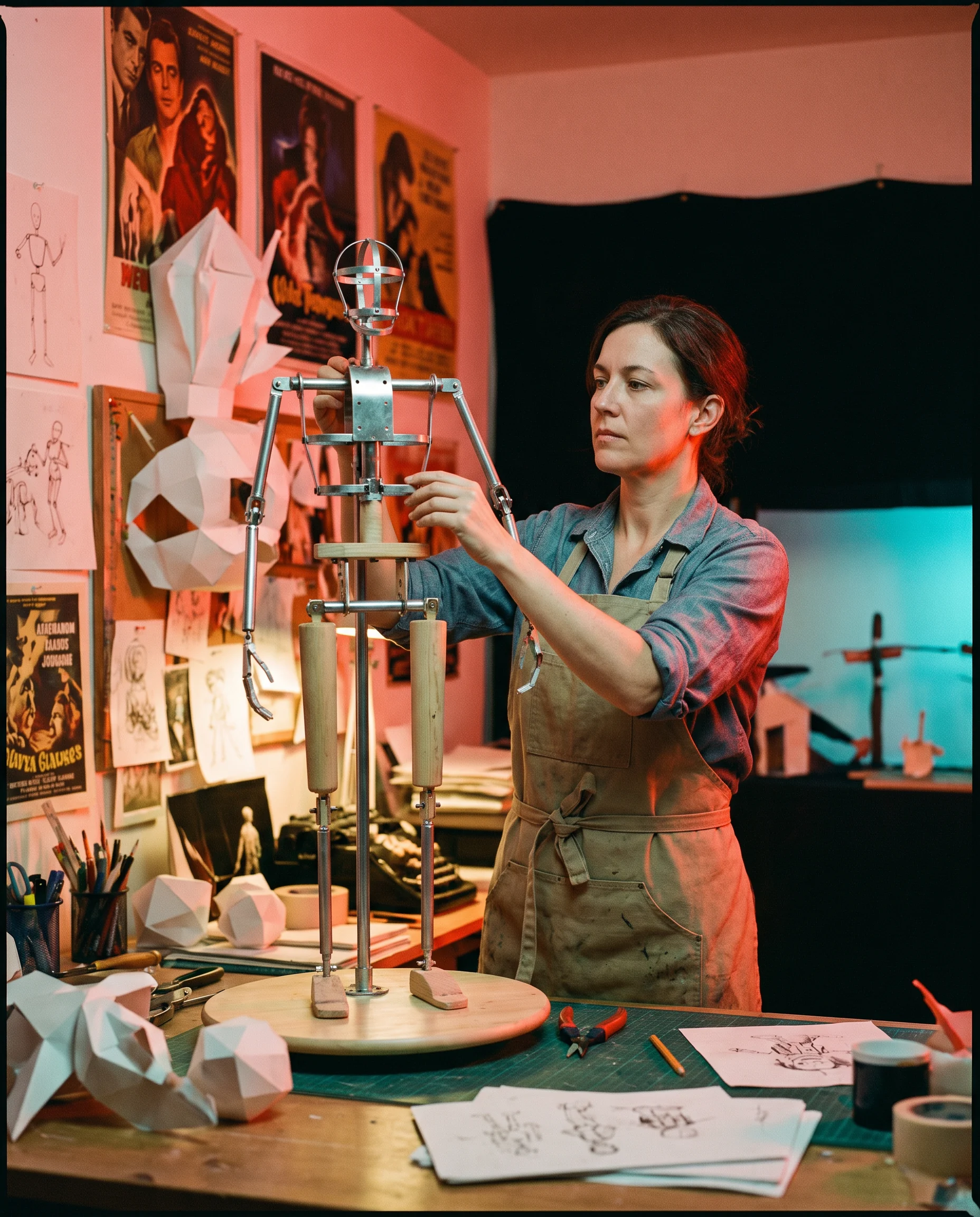 Maker arranging a puppet and miniature materials at a workshop bench
