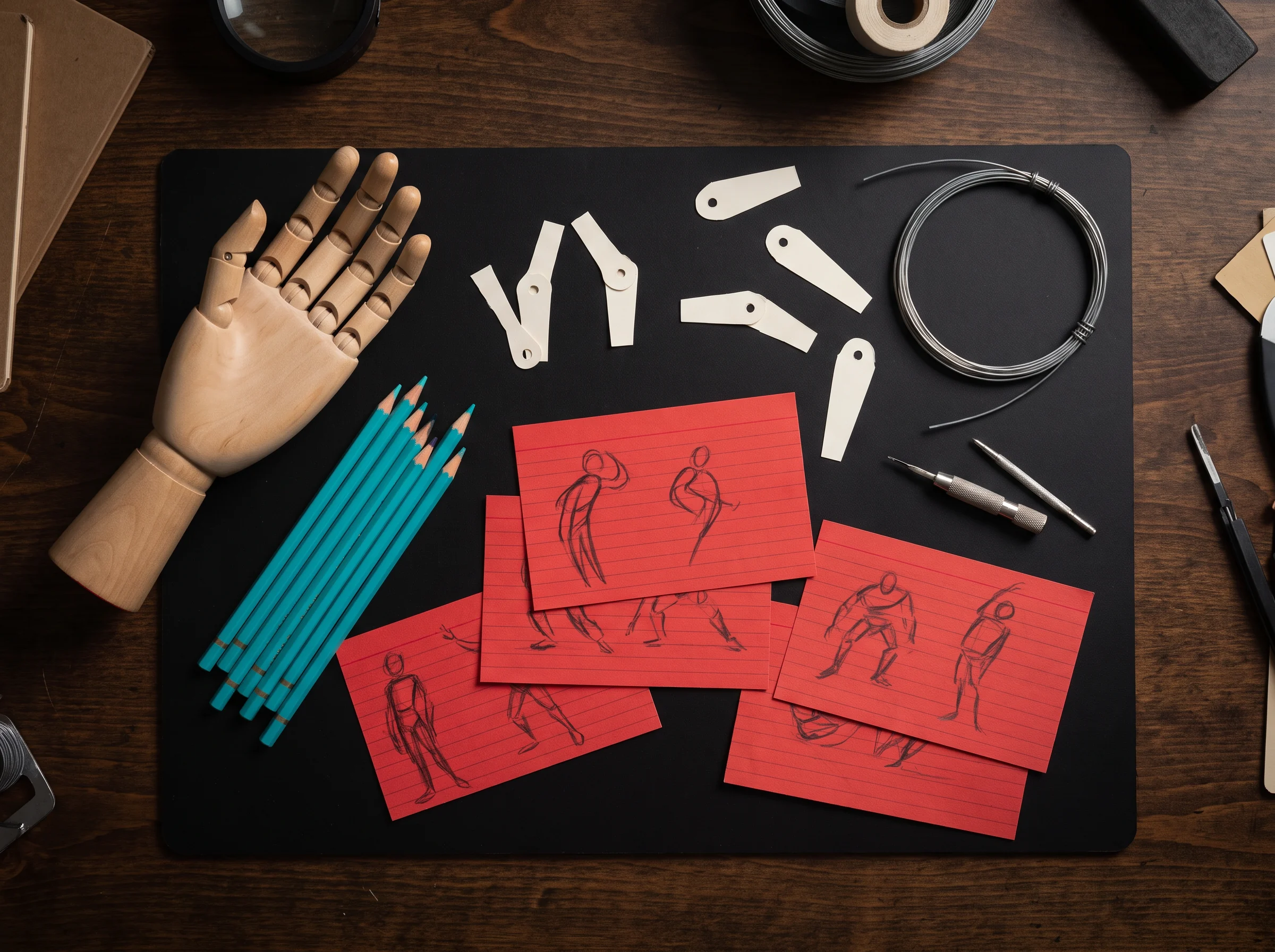 Paper character parts and handmade animation components on a tabletop