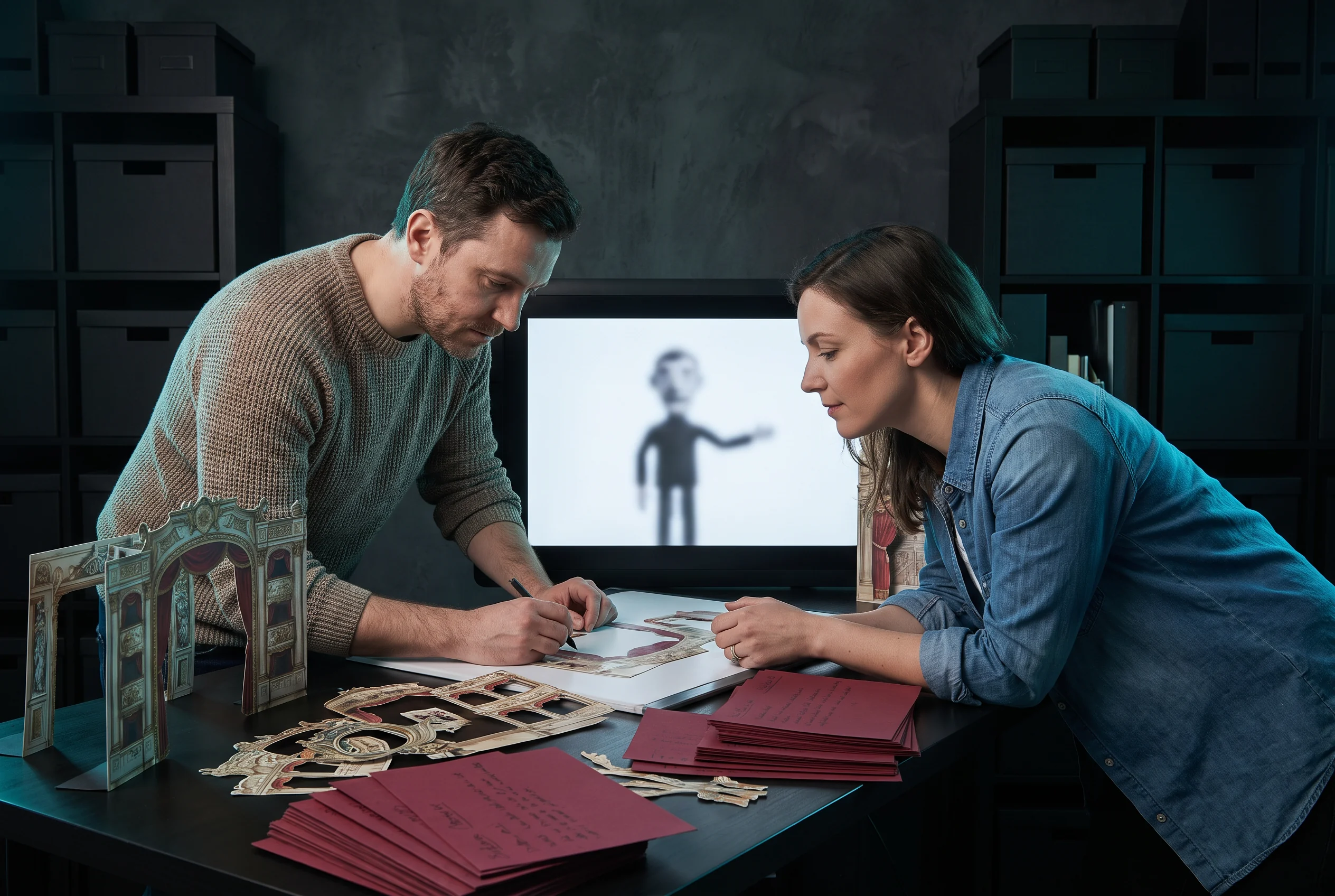 Two makers reviewing cut paper assets together beside a screen