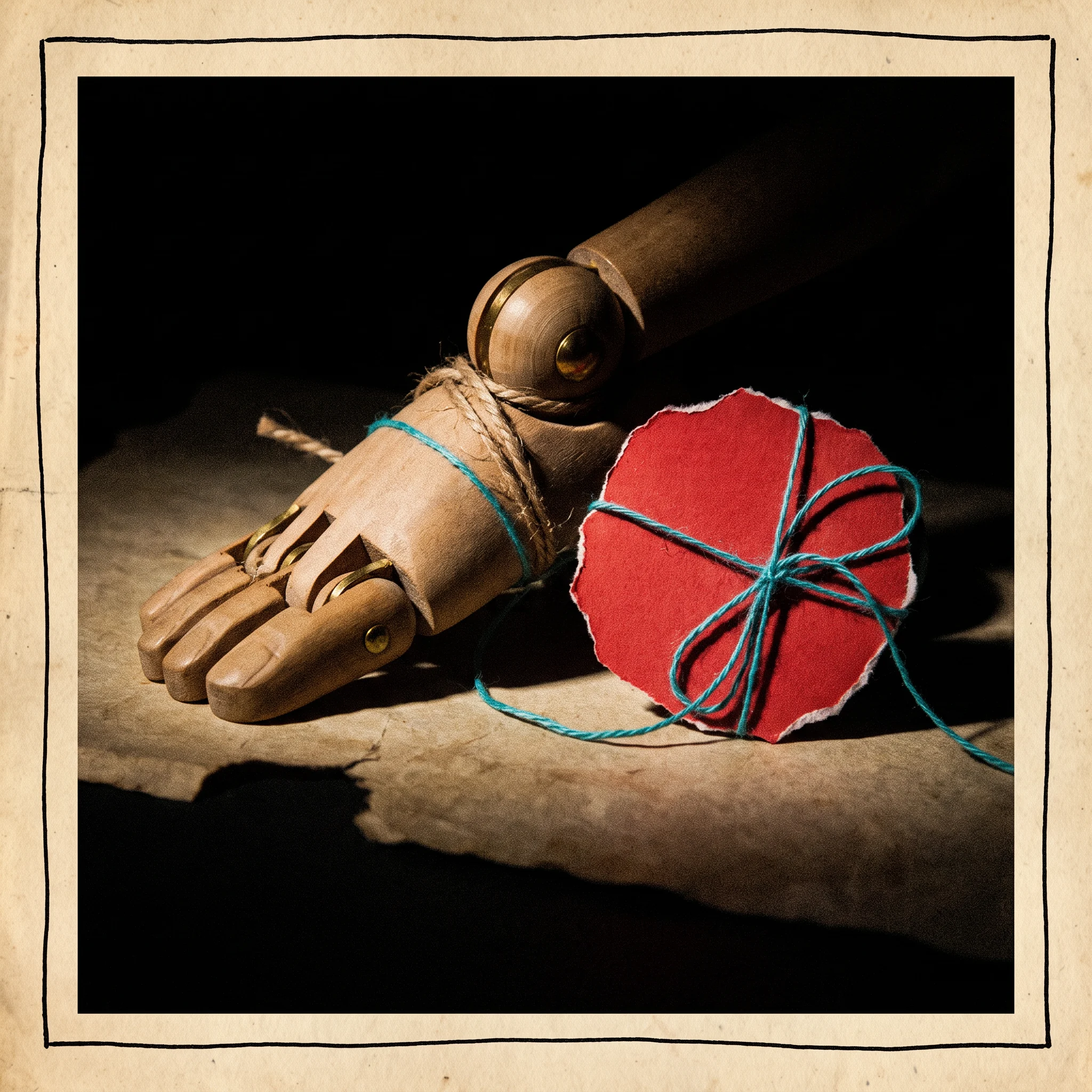 A handcrafted puppet hand and red ball prop