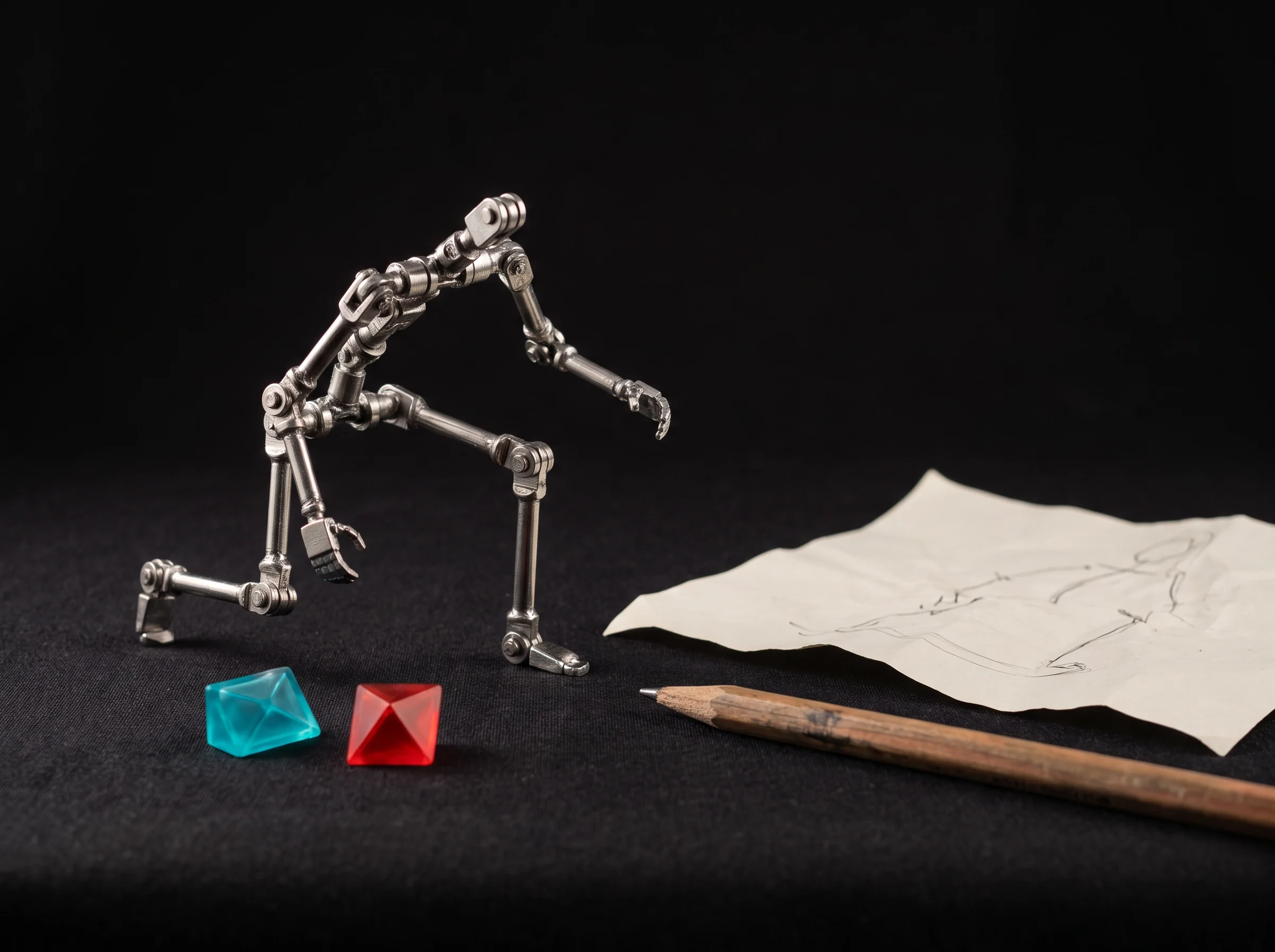 Articulated wire armature beside small colored blocks