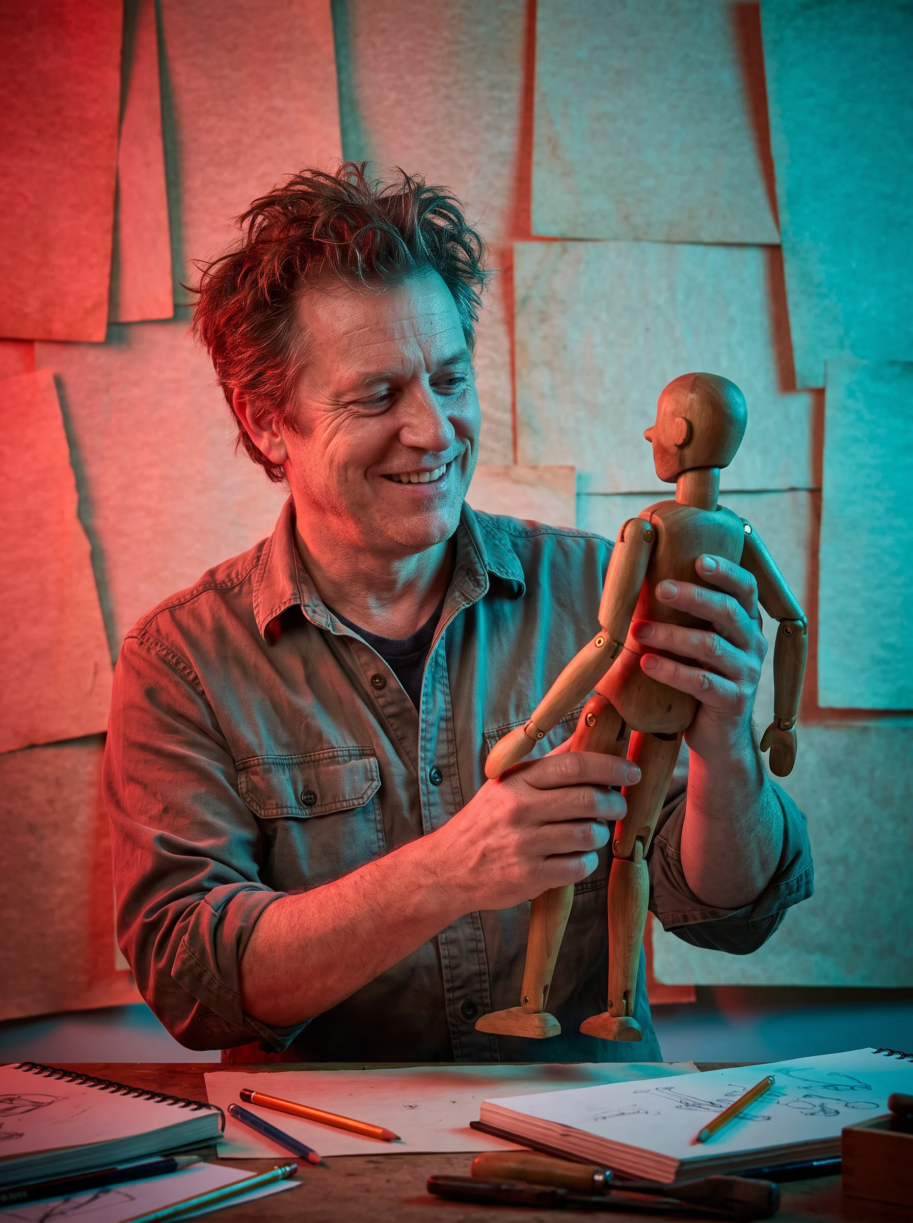 Animator holding a puppet