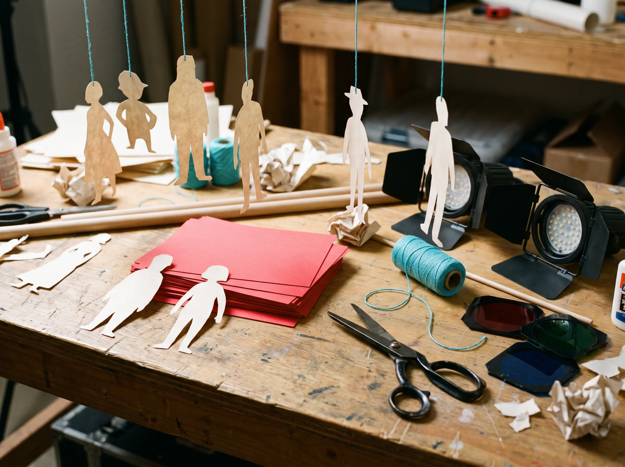 Workbench scattered with paper puppets, tools and material